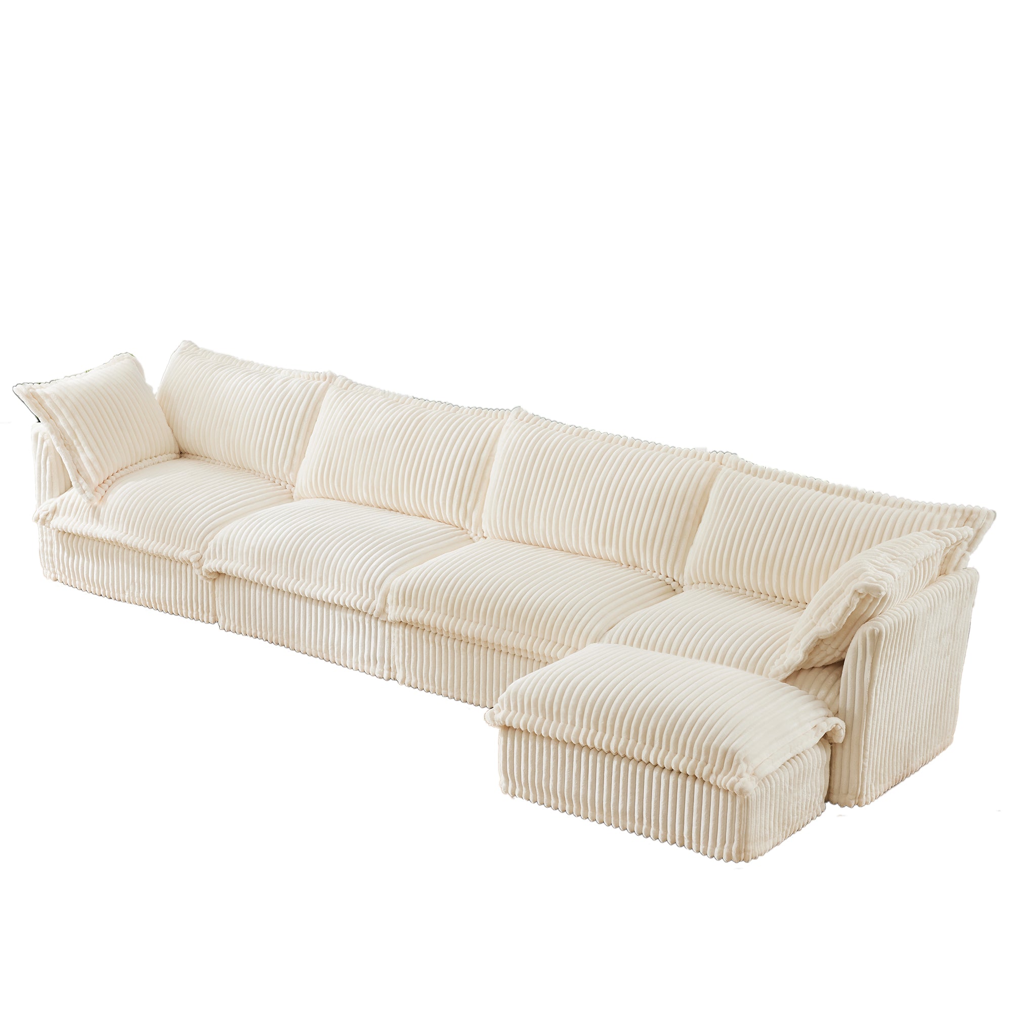 Slipcovered L Shape Sectional Long Sofa Couch, 4 Seater Sofa with Suppleness Armrests,Deep Seat Sofa with 2 Big Pillows, Comfy Couch for Living Room, Apartment, Cream Corduroy Fabric
