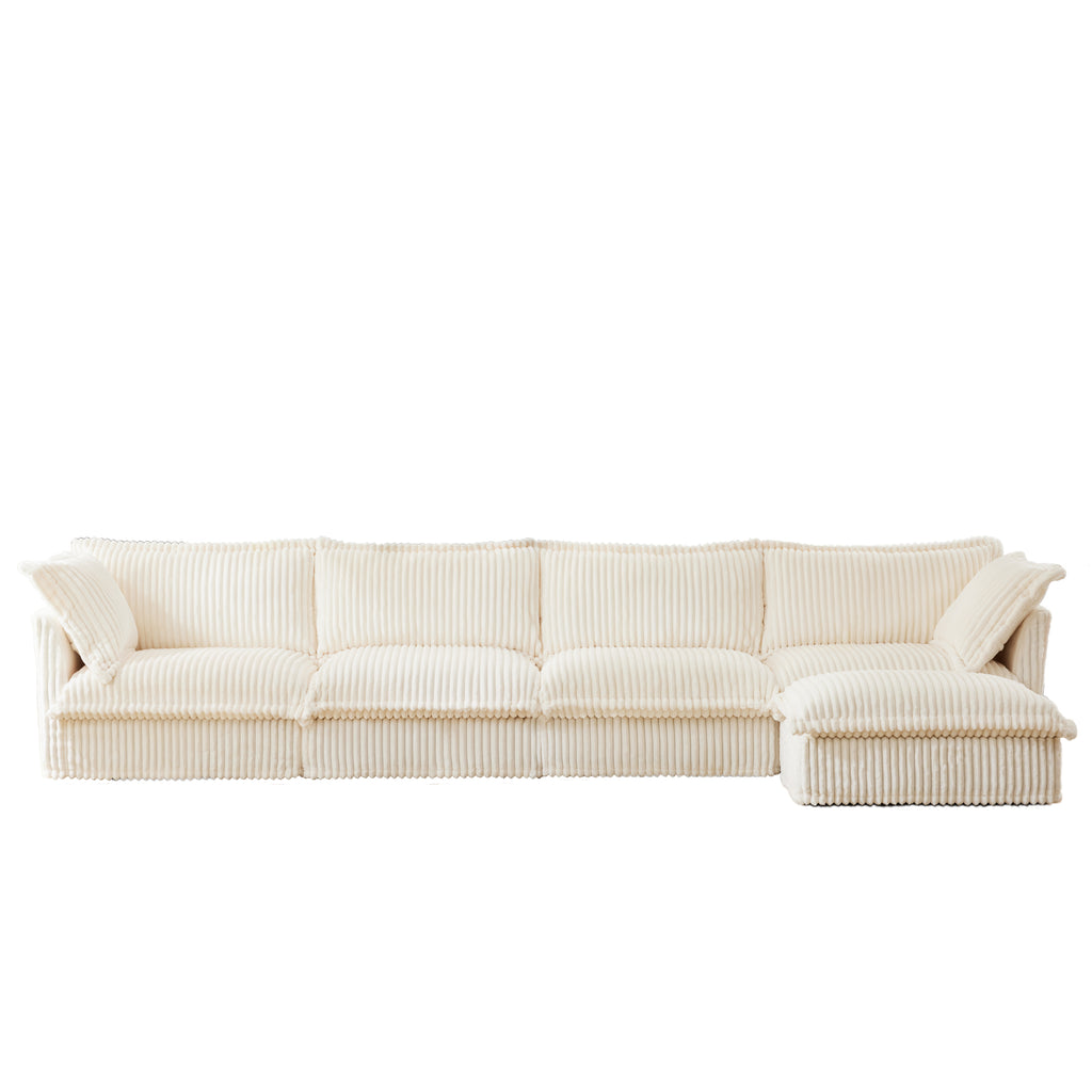 Slipcovered L Shape Sectional Long Sofa Couch, 4 Seater Sofa with Suppleness Armrests,Deep Seat Sofa with 2 Big Pillows, Comfy Couch for Living Room, Apartment, Cream Corduroy Fabric