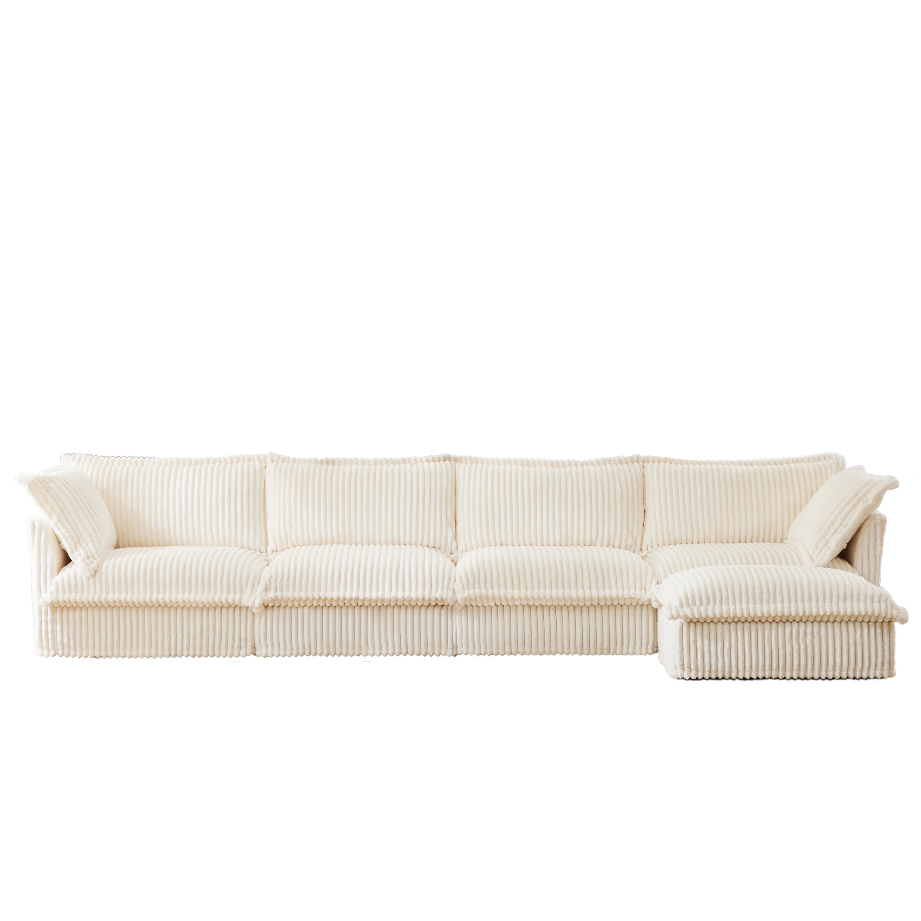 Slipcovered L Shape Sectional Long Sofa Couch, 4 Seater Sofa with Suppleness Armrests,Deep Seat Sofa with 2 Big Pillows, Comfy Couch for Living Room, Apartment, Cream Corduroy Fabric