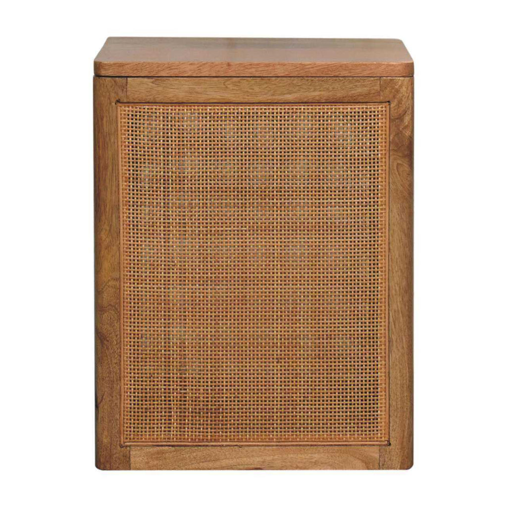 Wooden side table with woven pattern on a white background
