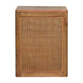 Wooden side table with woven pattern on a white background