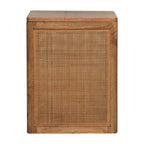 Wooden side table with woven pattern on a white background
