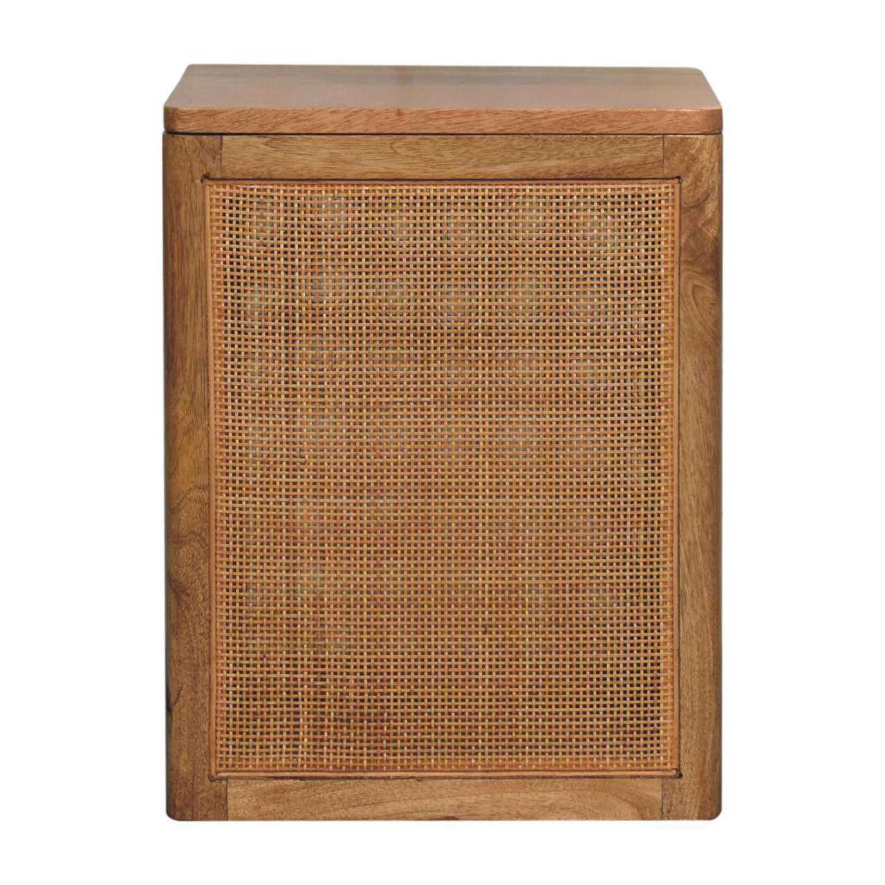 Wooden side table with woven pattern on a white background