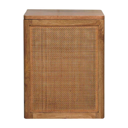 Wooden side table with woven pattern on a white background