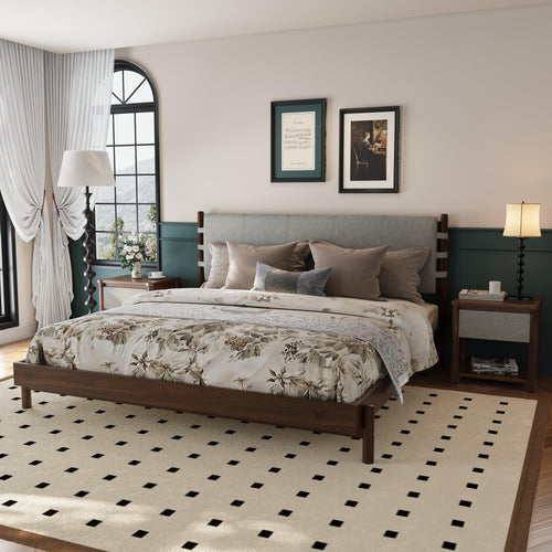 Elegant Light Gray Wood King Bed Frame Set with Nightstands.