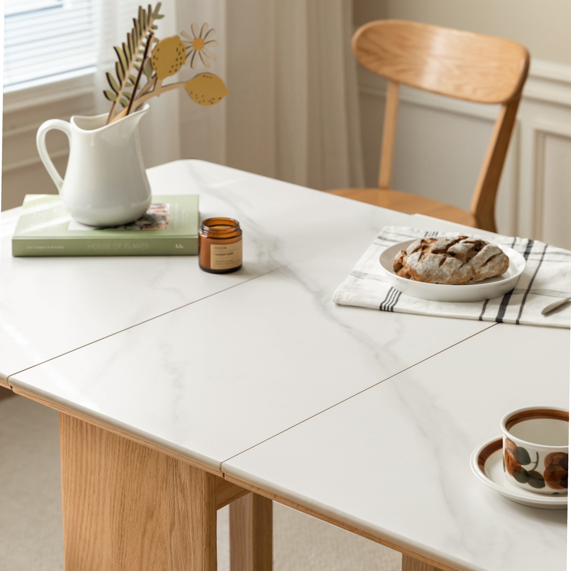 Natural Solid Oak Legs Extending Dining Table Rock Slab Top Extending Dining Table for 4-6 People Solid Wood Dining Table (Light Color)