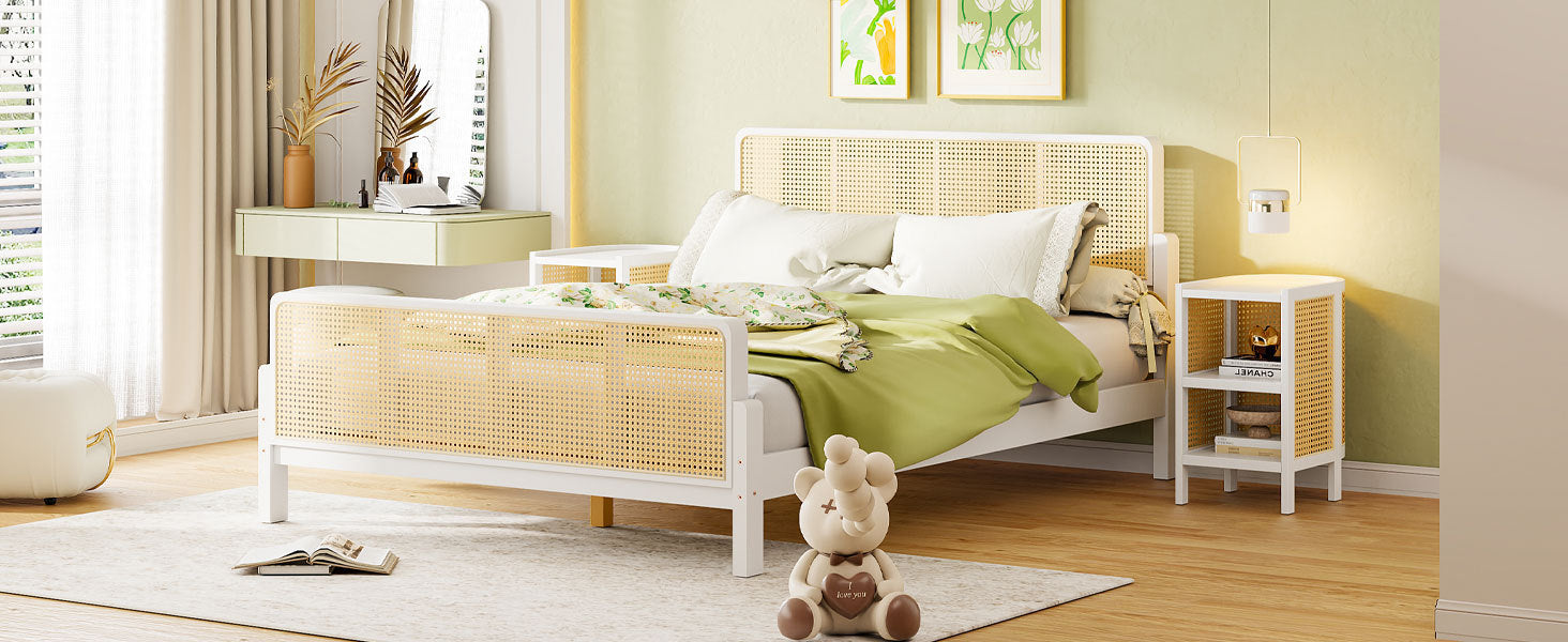 Lilly 3 Pieces Rattan Platform Full Size Bed With Nightstands (2) Set