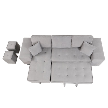 104.5 Pull Out Sleeper Sofa Reversible L-Shape 3 Seat Sectional Couch with Storage Chaise and 2 Stools for Living Room Furniture Set,Gray