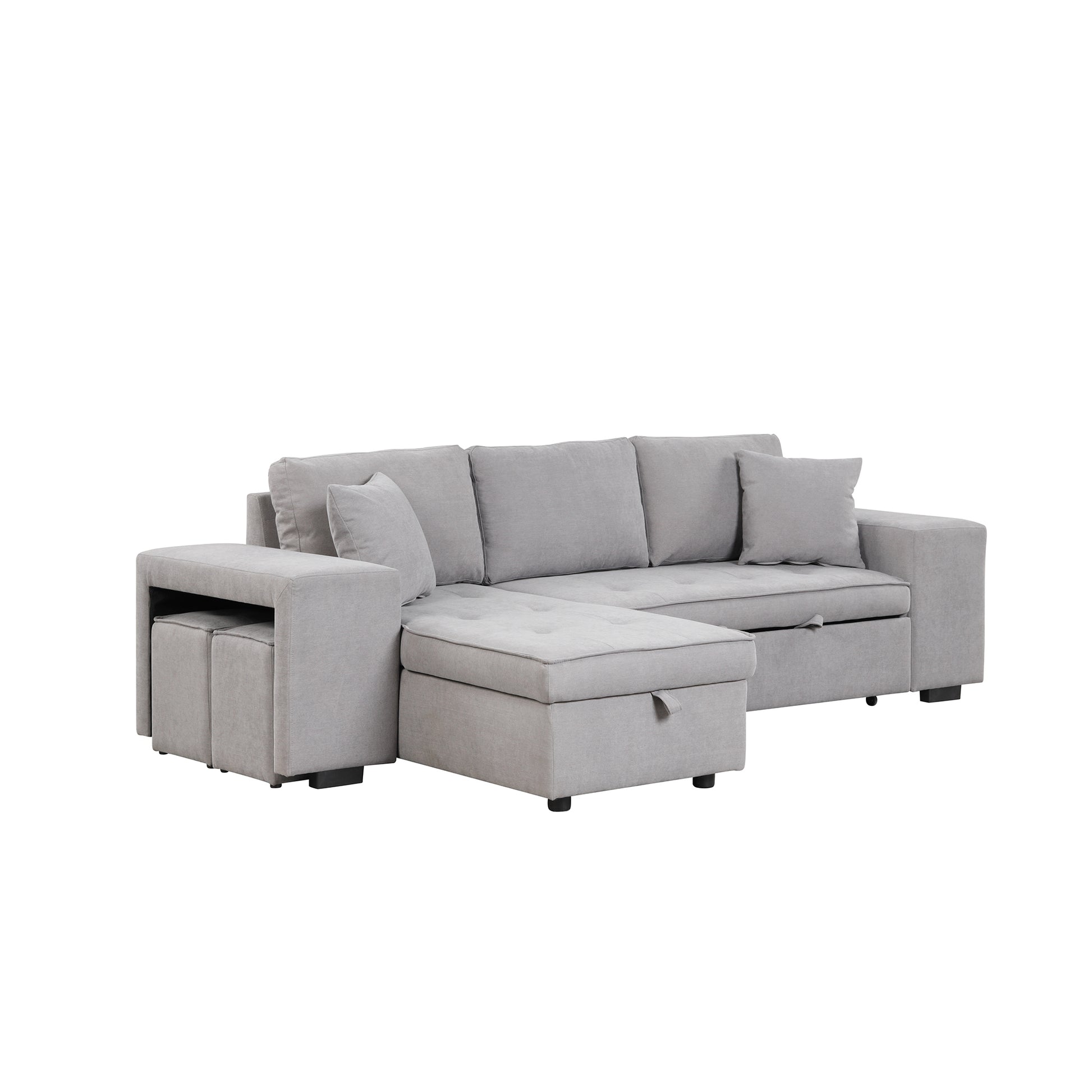 104.5 Pull Out Sleeper Sofa Reversible L-Shape 3 Seat Sectional Couch with Storage Chaise and 2 Stools for Living Room Furniture Set,Gray