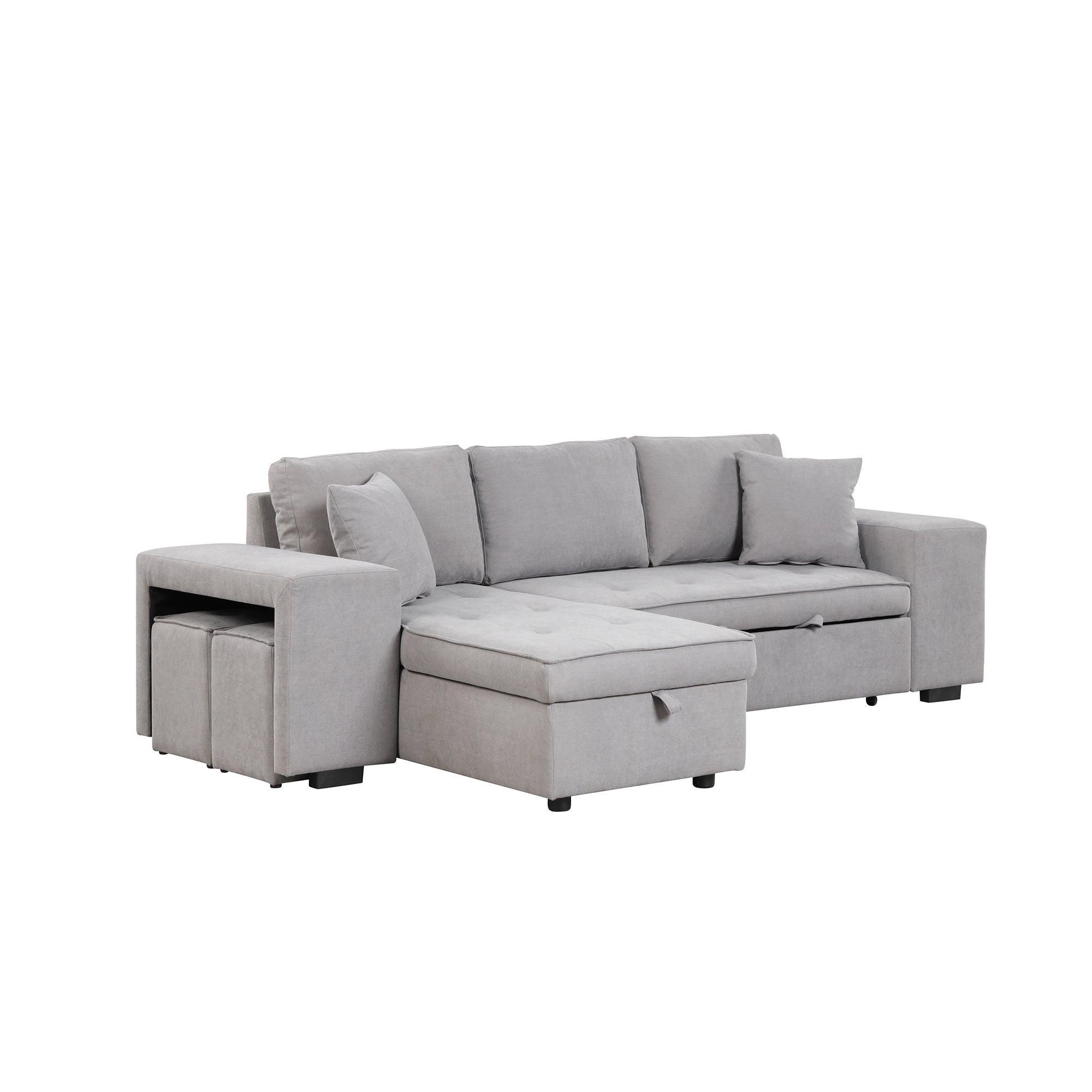 104.5 Pull Out Sleeper Sofa Reversible L-Shape 3 Seat Sectional Couch with Storage Chaise and 2 Stools for Living Room Furniture Set,Gray