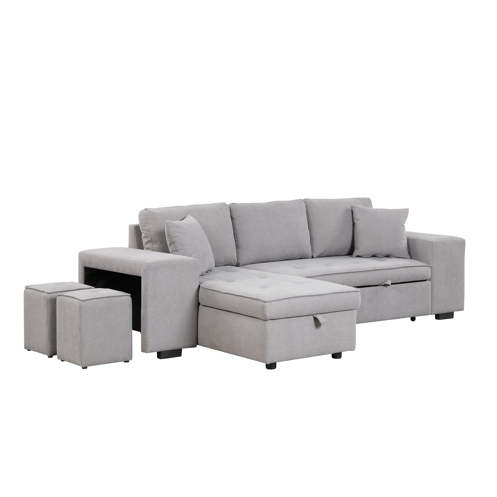 104.5 Pull Out Sleeper Sofa Reversible L-Shape 3 Seat Sectional Couch with Storage Chaise and 2 Stools for Living Room Furniture Set,Gray