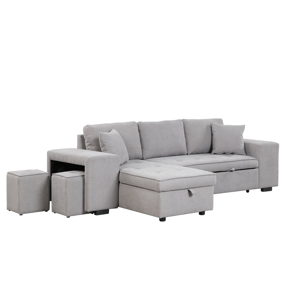 104.5 Pull Out Sleeper Sofa Reversible L-Shape 3 Seat Sectional Couch with Storage Chaise and 2 Stools for Living Room Furniture Set,Gray