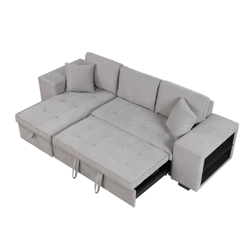104.5 Pull Out Sleeper Sofa Reversible L-Shape 3 Seat Sectional Couch with Storage Chaise and 2 Stools for Living Room Furniture Set,Gray