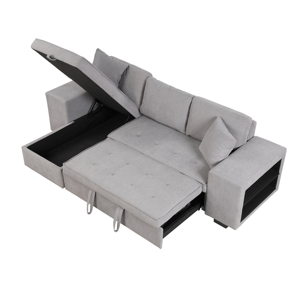 104.5 Pull Out Sleeper Sofa Reversible L-Shape 3 Seat Sectional Couch with Storage Chaise and 2 Stools for Living Room Furniture Set,Gray