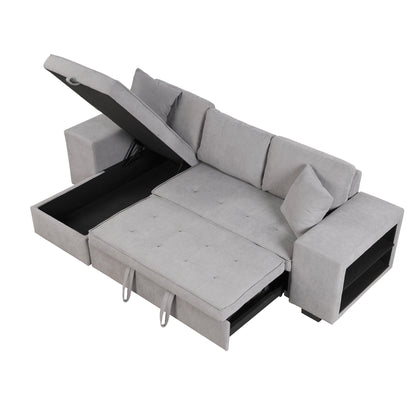104.5 Pull Out Sleeper Sofa Reversible L-Shape 3 Seat Sectional Couch with Storage Chaise and 2 Stools for Living Room Furniture Set,Gray