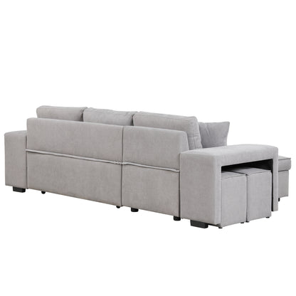 104.5 Pull Out Sleeper Sofa Reversible L-Shape 3 Seat Sectional Couch with Storage Chaise and 2 Stools for Living Room Furniture Set,Gray