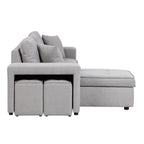 104.5 Pull Out Sleeper Sofa Reversible L-Shape 3 Seat Sectional Couch with Storage Chaise and 2 Stools for Living Room Furniture Set,Gray