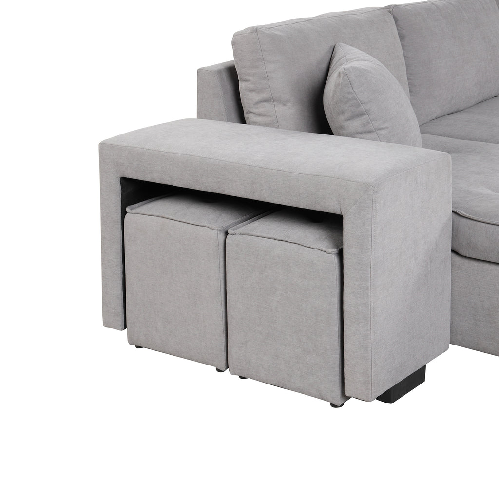 104.5 Pull Out Sleeper Sofa Reversible L-Shape 3 Seat Sectional Couch with Storage Chaise and 2 Stools for Living Room Furniture Set,Gray