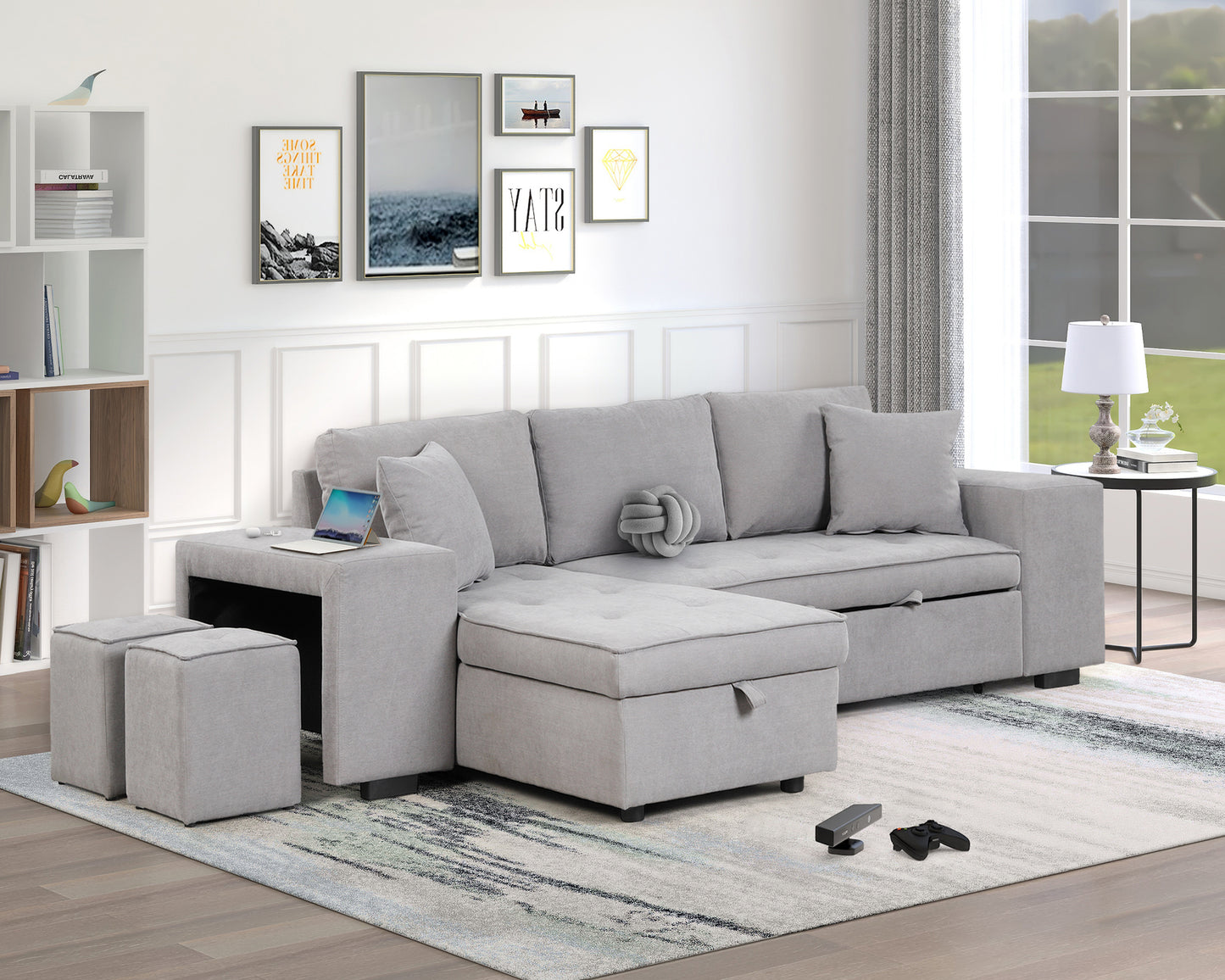 104.5 Pull Out Sleeper Sofa Reversible L-Shape 3 Seat Sectional Couch with Storage Chaise and 2 Stools for Living Room Furniture Set,Gray