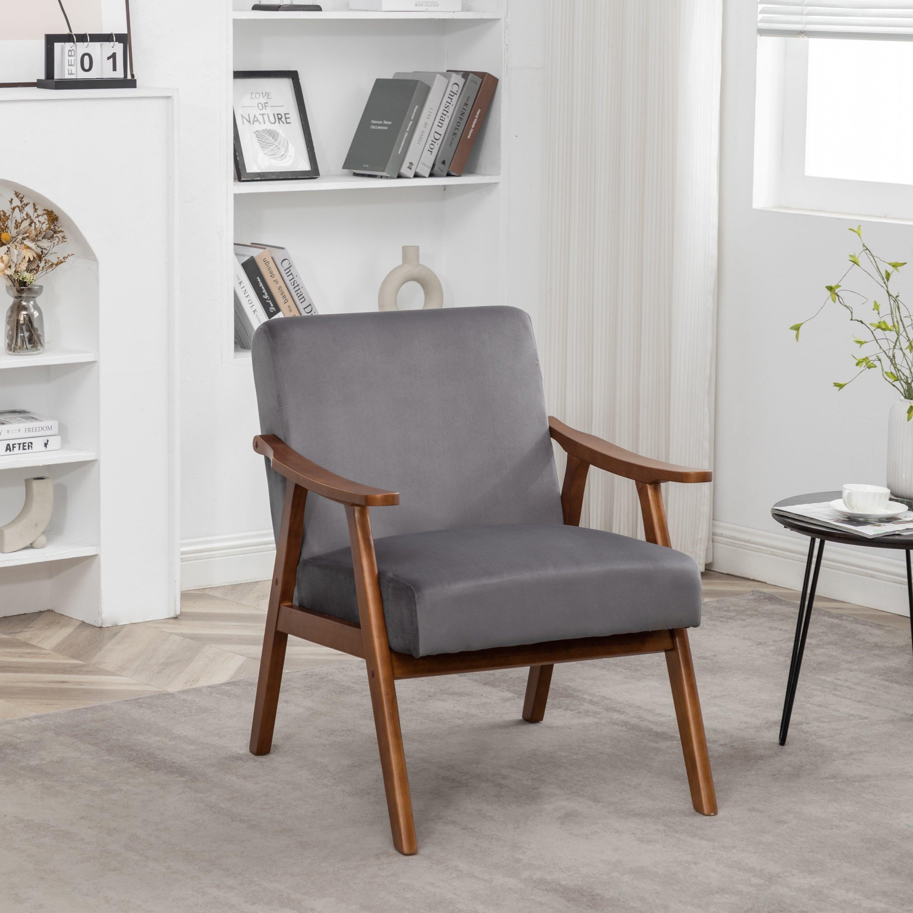Elegant Mid-Century Modern Grey Velvet Accent Chair.