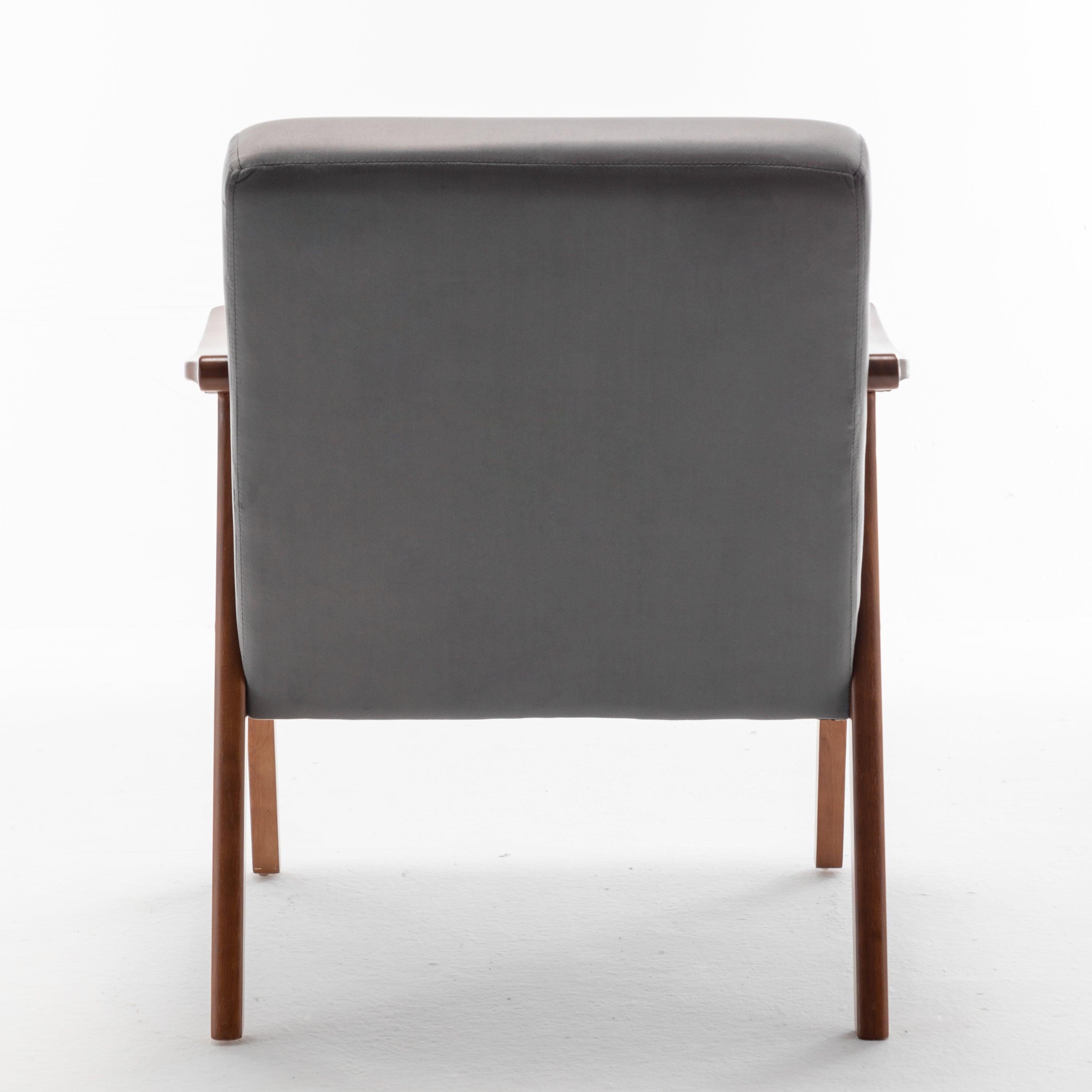 Elegant Mid-Century Modern Grey Velvet Accent Chair.