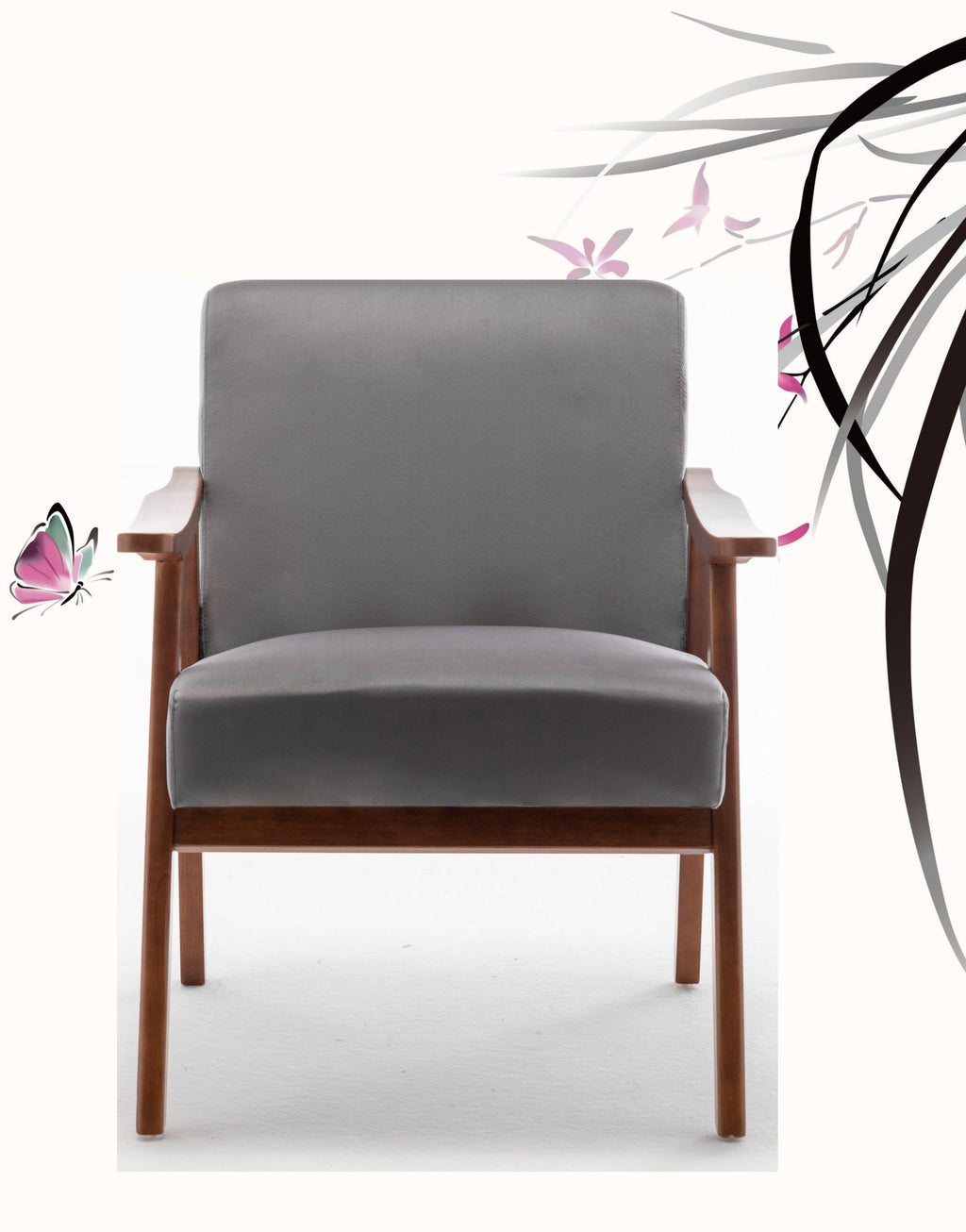 Elegant Mid-Century Modern Grey Velvet Accent Chair.