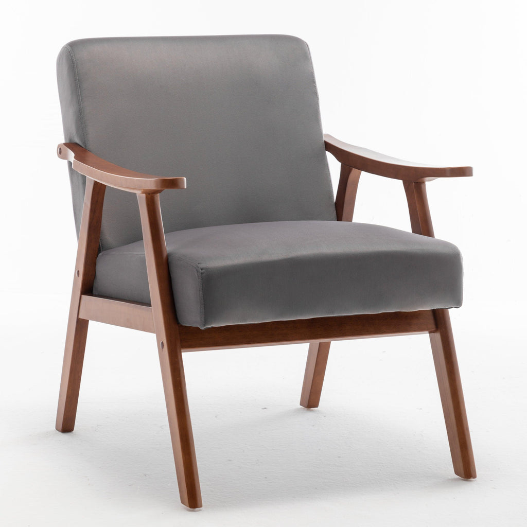 Elegant Mid-Century Modern Grey Velvet Accent Chair.