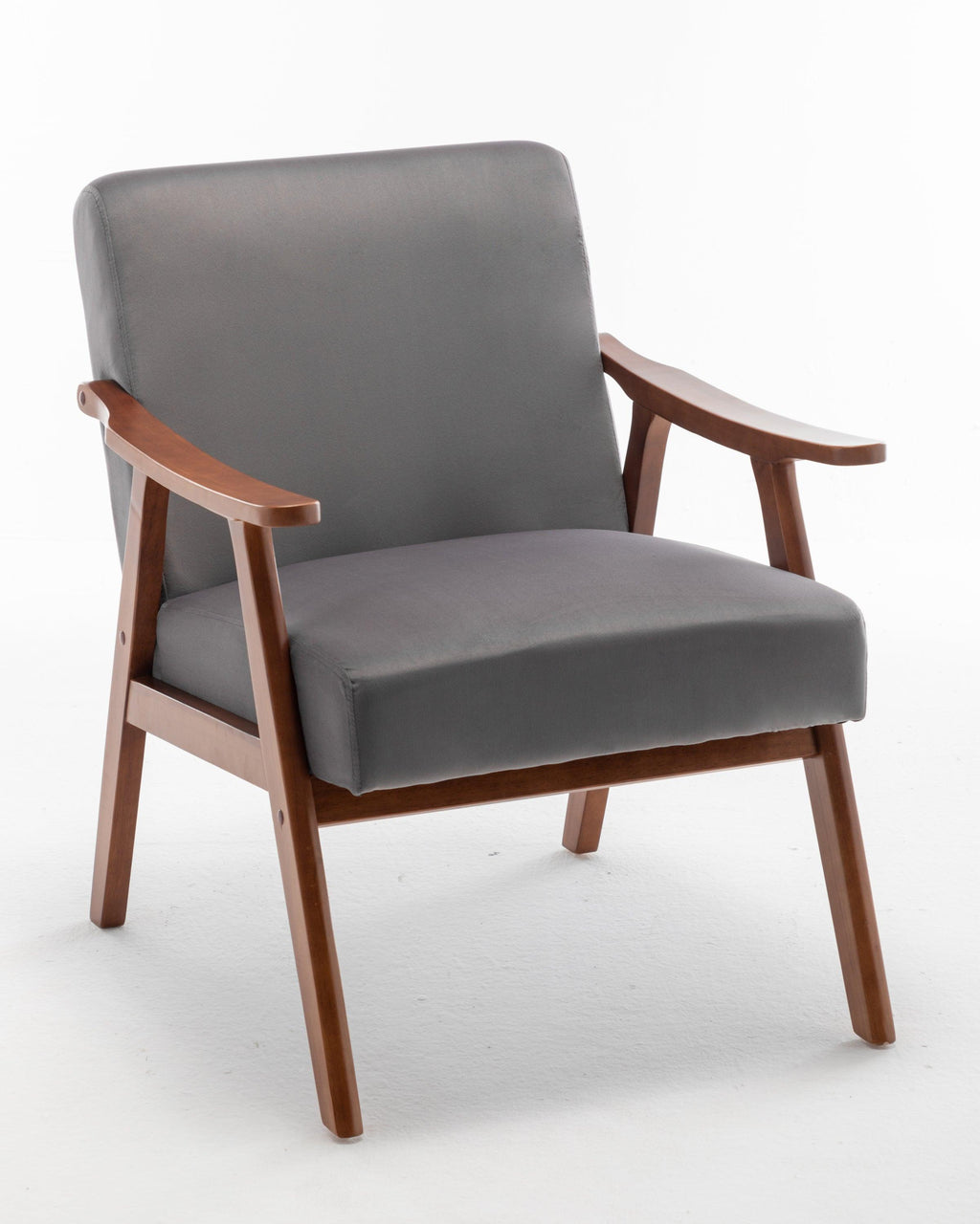 Elegant Mid-Century Modern Grey Velvet Accent Chair.