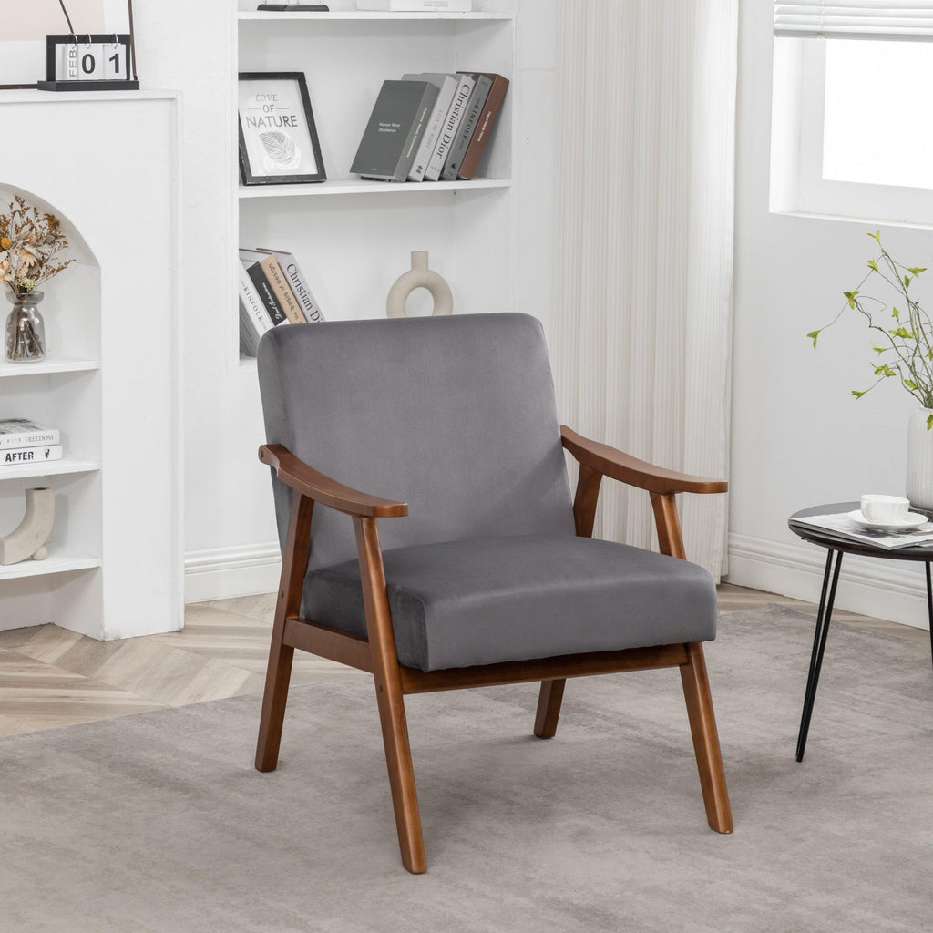 Elegant Mid-Century Modern Grey Velvet Accent Chair.