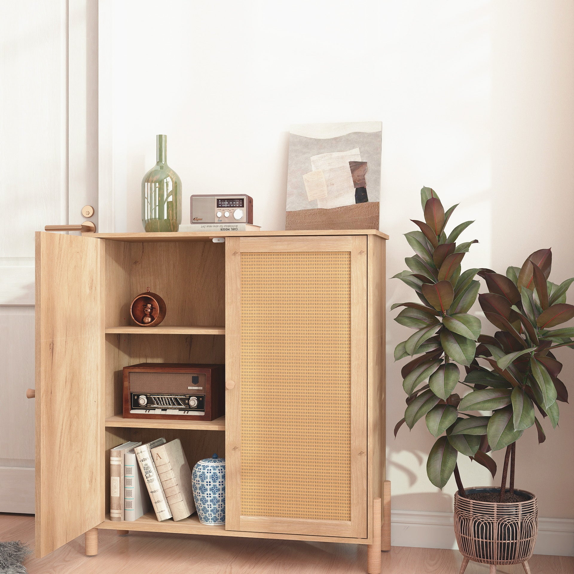 Mid-Century Modern Storage Cabinet with Woven Rattan Doors & Adjustable Shelves - Perfect for Living Room & Dining Room