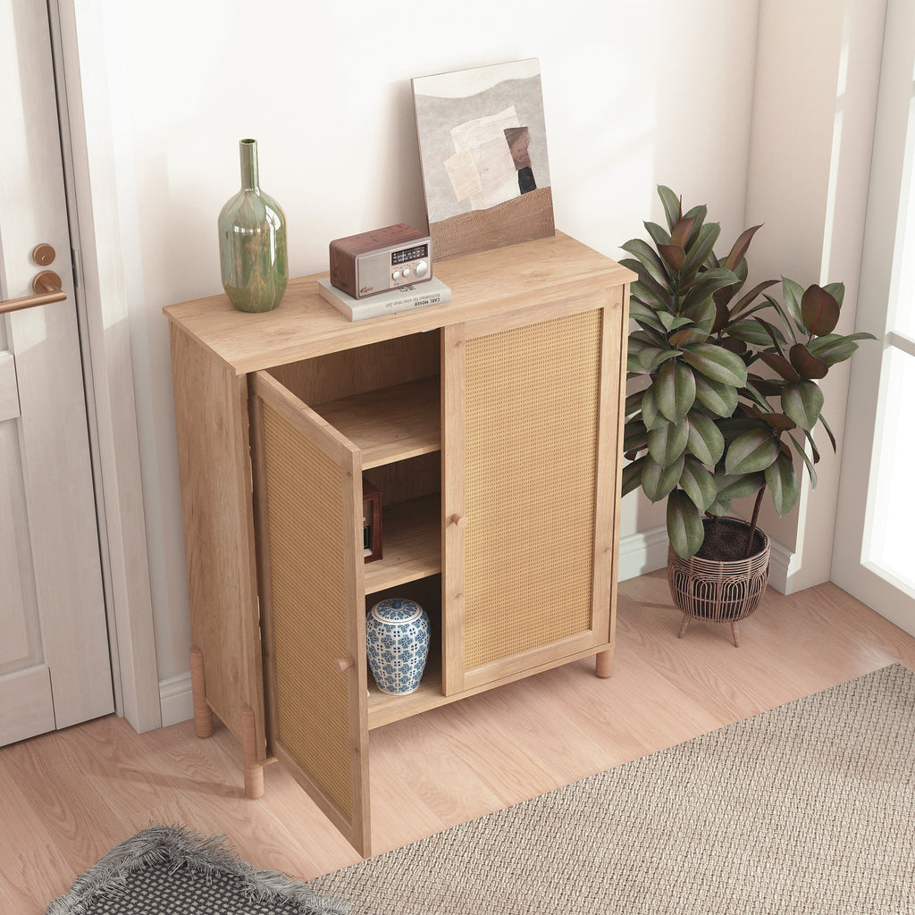 Mid-Century Modern Storage Cabinet with Woven Rattan Doors & Adjustable Shelves - Perfect for Living Room & Dining Room