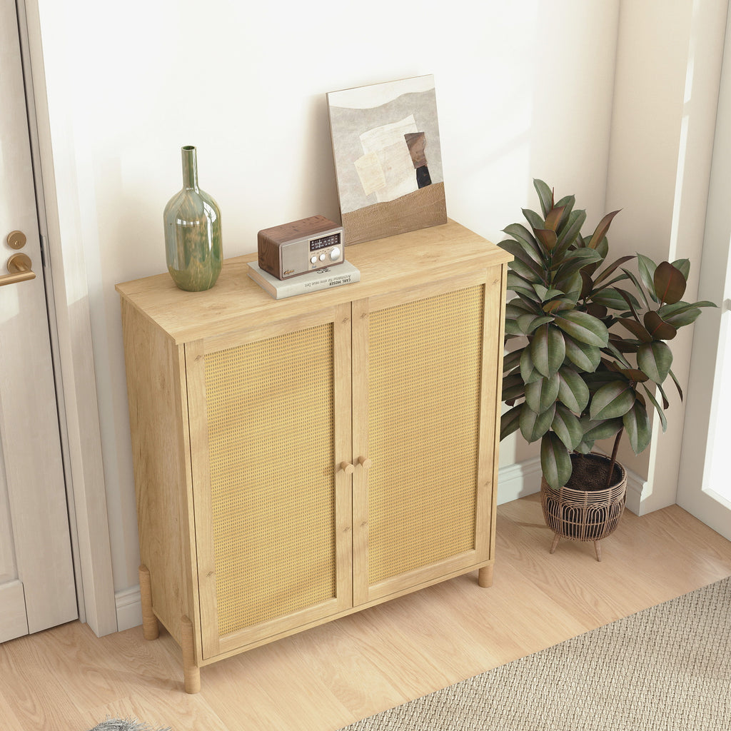 Mid-Century Modern Storage Cabinet with Woven Rattan Doors & Adjustable Shelves - Perfect for Living Room & Dining Room