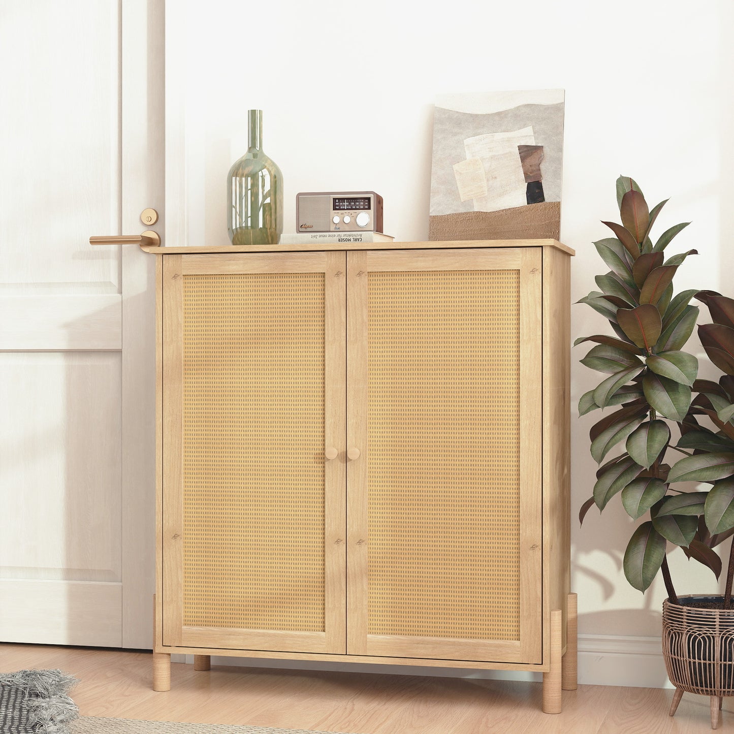 Mid-Century Modern Storage Cabinet with Woven Rattan Doors & Adjustable Shelves - Perfect for Living Room & Dining Room