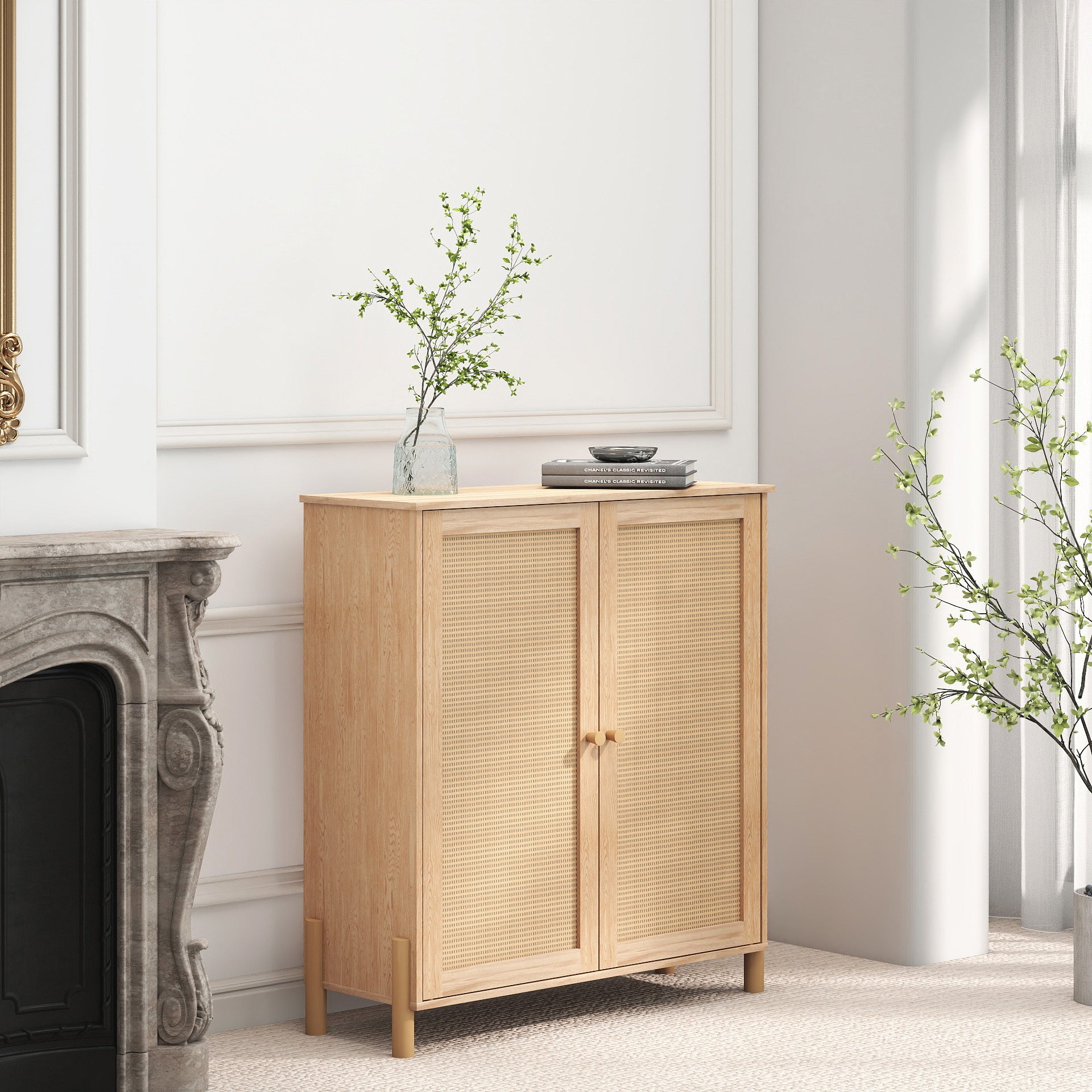 Mid-Century Modern Storage Cabinet with Woven Rattan Doors & Adjustable Shelves - Perfect for Living Room & Dining Room