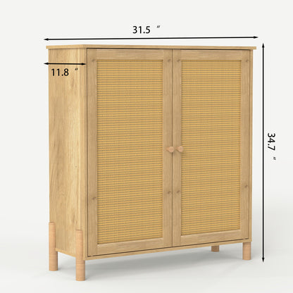 Mid-Century Modern Storage Cabinet with Woven Rattan Doors & Adjustable Shelves - Perfect for Living Room & Dining Room