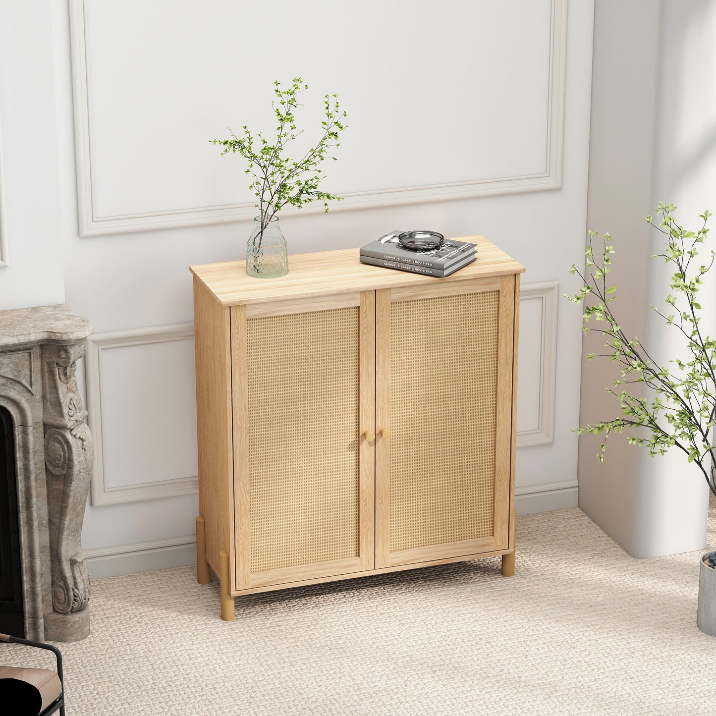 Mid-Century Modern Storage Cabinet with Woven Rattan Doors & Adjustable Shelves - Perfect for Living Room & Dining Room