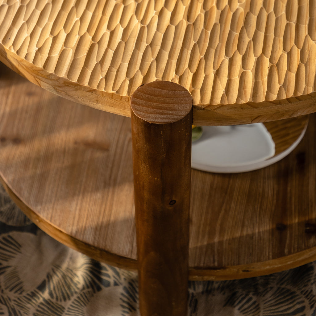 Round Coffee Table w/ Solid Wood for Living Room, 2-Tier Round Coffee Table w/ Storage Shelf, Mid Century Modern Coffee Table