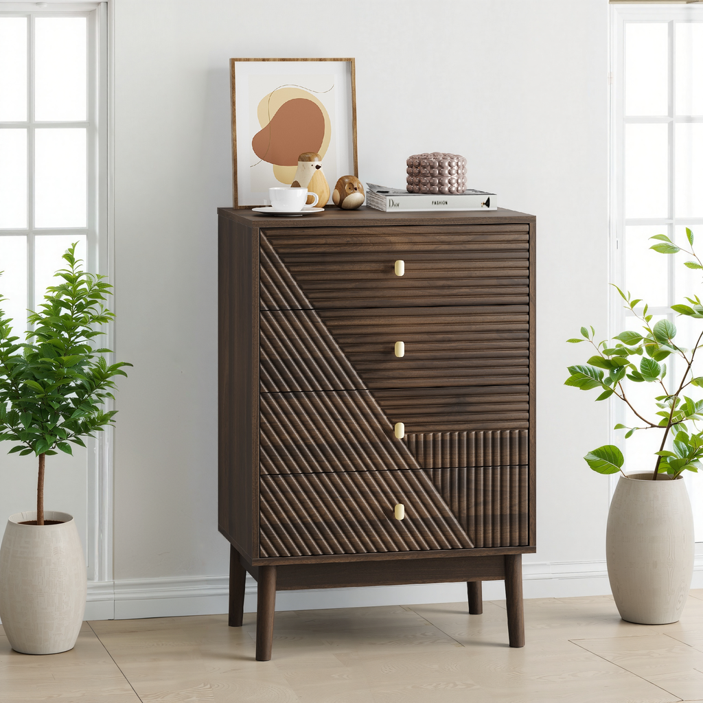Modern Walnut 4 Drawer Dresser Chest for Living Room, Bedroom, Corridor - Wooden Storage Cabinet