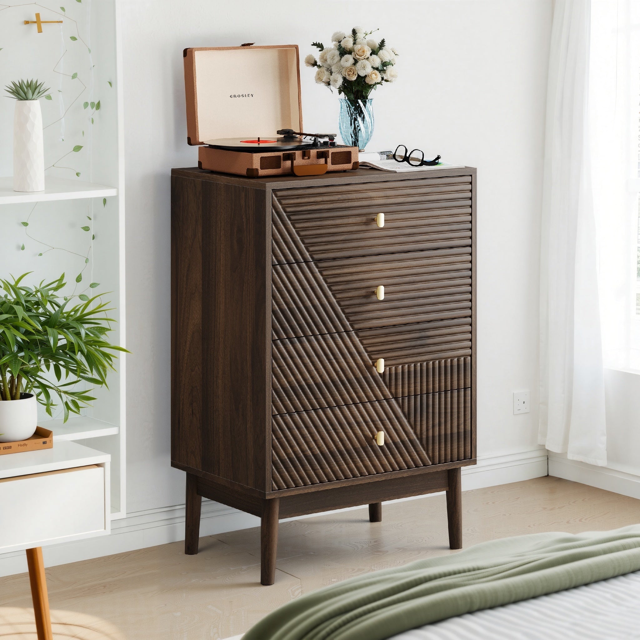 Modern Walnut 4 Drawer Dresser Chest for Living Room, Bedroom, Corridor - Wooden Storage Cabinet