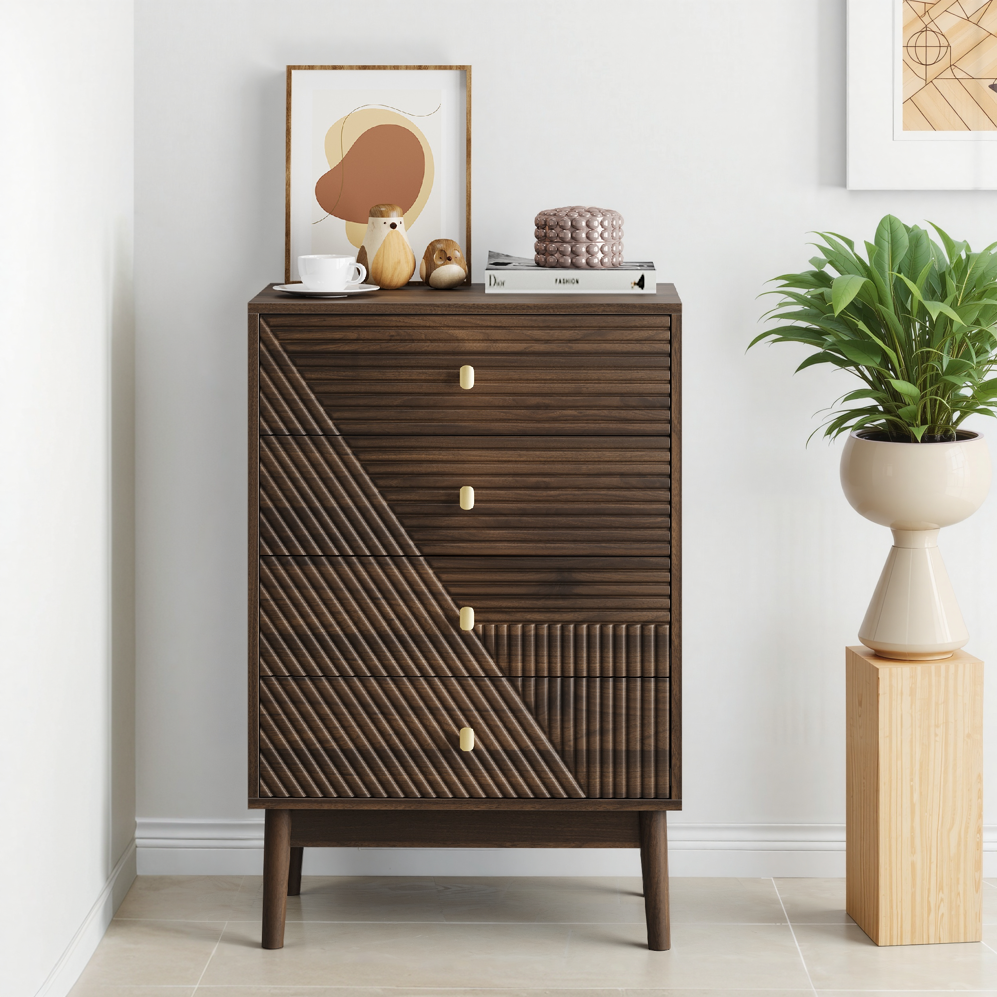 Modern Walnut 4 Drawer Dresser Chest for Living Room, Bedroom, Corridor - Wooden Storage Cabinet