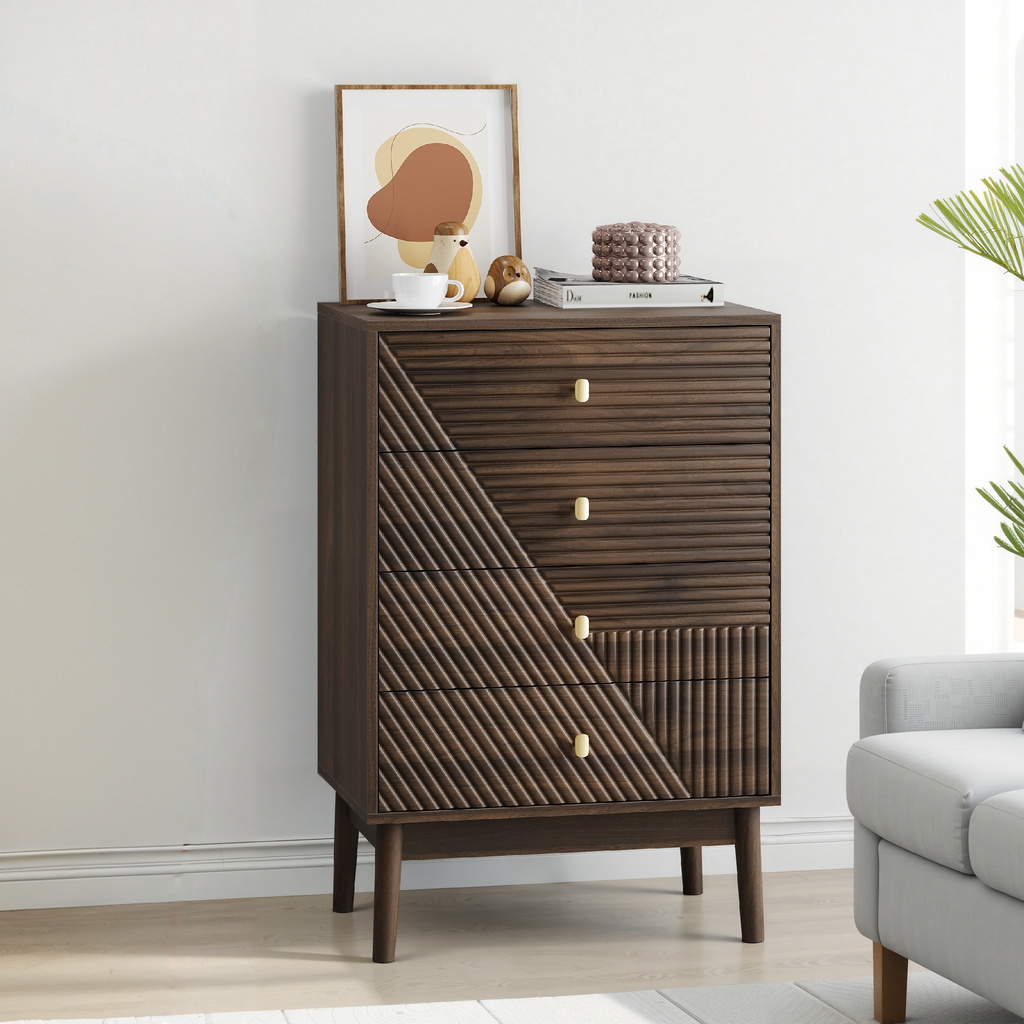Modern Walnut 4 Drawer Dresser Chest for Living Room, Bedroom, Corridor - Wooden Storage Cabinet