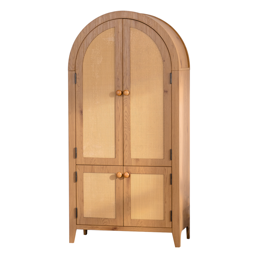 Arched Kitchen Pantry Cabinet, 63.39' Tall Arched Bookcase Rattan Storage Cabinet with Doors Adjustable Shelves,Farmhouse Freestanding Cupboard for Bathroom,Living Room,Dining Room Food Pantry