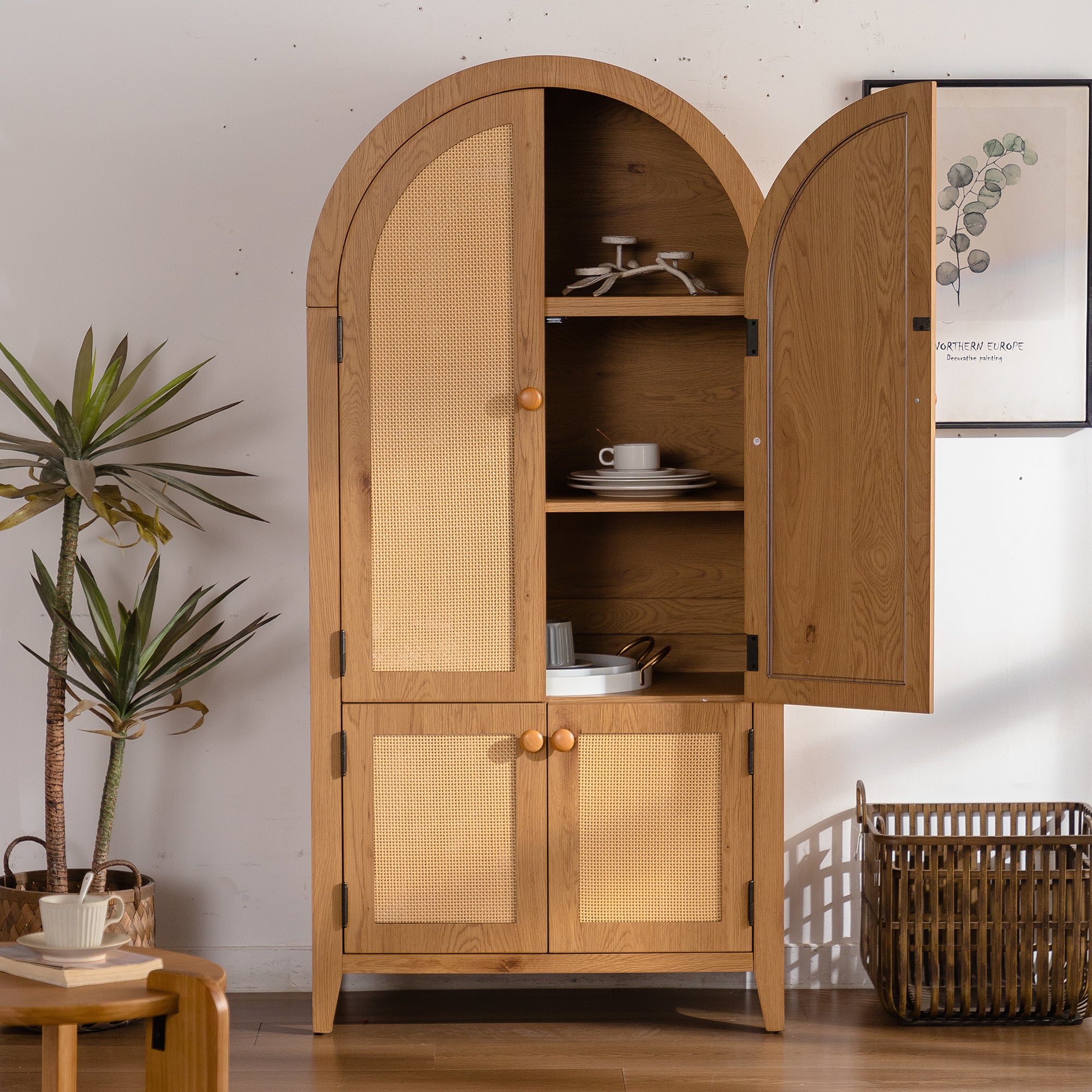 Arched Kitchen Pantry Cabinet, 63.39' Tall Arched Bookcase Rattan Storage Cabinet with Doors Adjustable Shelves,Farmhouse Freestanding Cupboard for Bathroom,Living Room,Dining Room Food Pantry