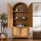 Arched Kitchen Pantry Cabinet, 63.39' Tall Arched Bookcase Rattan Storage Cabinet with Doors Adjustable Shelves,Farmhouse Freestanding Cupboard for Bathroom,Living Room,Dining Room Food Pantry