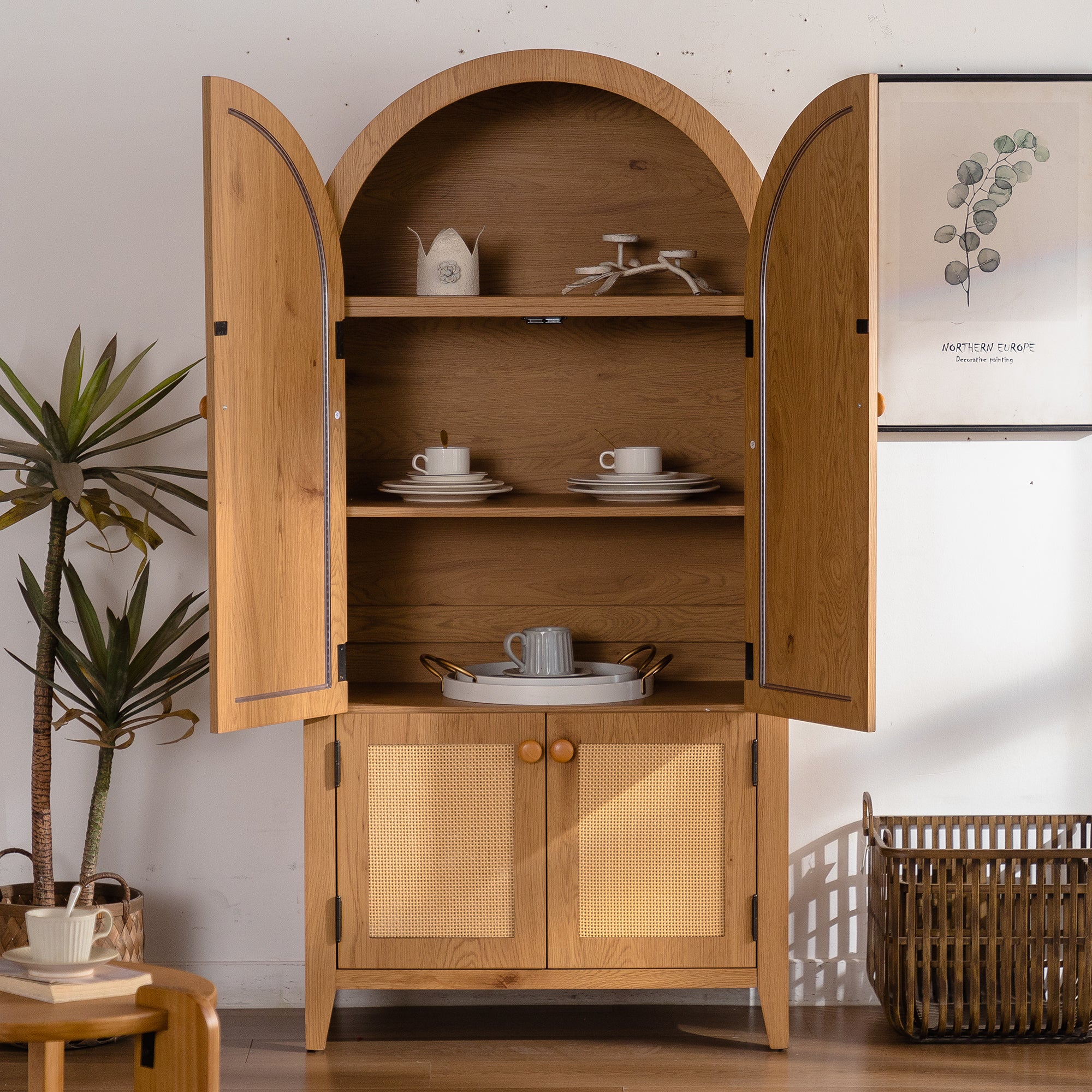 Arched Kitchen Pantry Cabinet, 63.39' Tall Arched Bookcase Rattan Storage Cabinet with Doors Adjustable Shelves,Farmhouse Freestanding Cupboard for Bathroom,Living Room,Dining Room Food Pantry