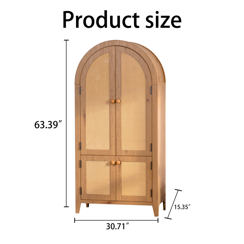 Arched Kitchen Pantry Cabinet, 63.39' Tall Arched Bookcase Rattan Storage Cabinet with Doors Adjustable Shelves,Farmhouse Freestanding Cupboard for Bathroom,Living Room,Dining Room Food Pantry