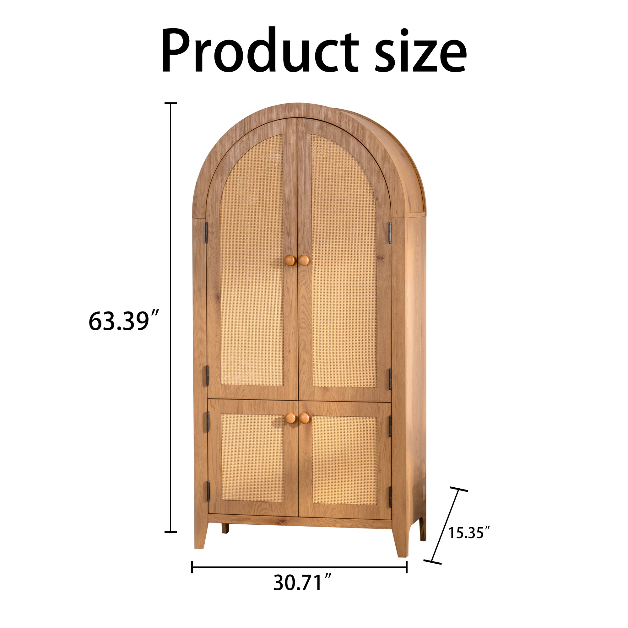 Arched Kitchen Pantry Cabinet, 63.39' Tall Arched Bookcase Rattan Storage Cabinet with Doors Adjustable Shelves,Farmhouse Freestanding Cupboard for Bathroom,Living Room,Dining Room Food Pantry