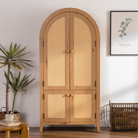 Arched Kitchen Pantry Cabinet, 63.39' Tall Arched Bookcase Rattan Storage Cabinet with Doors Adjustable Shelves,Farmhouse Freestanding Cupboard for Bathroom,Living Room,Dining Room Food Pantry