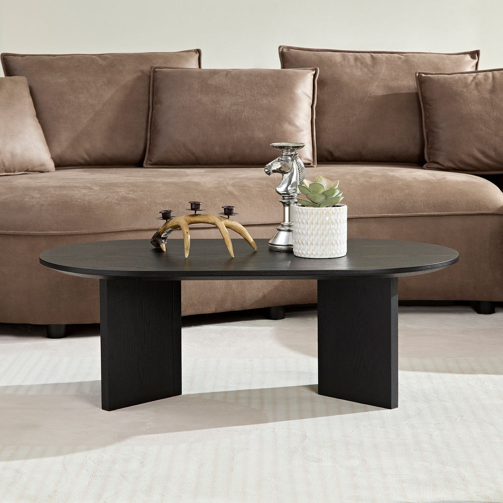 Length 39.37 Inch Modern Coffee Table,MDF Oval Coffee Table for Living Room,Small Coffee Table with Sturdy Pedestal for Apartment,Bedroom,Black