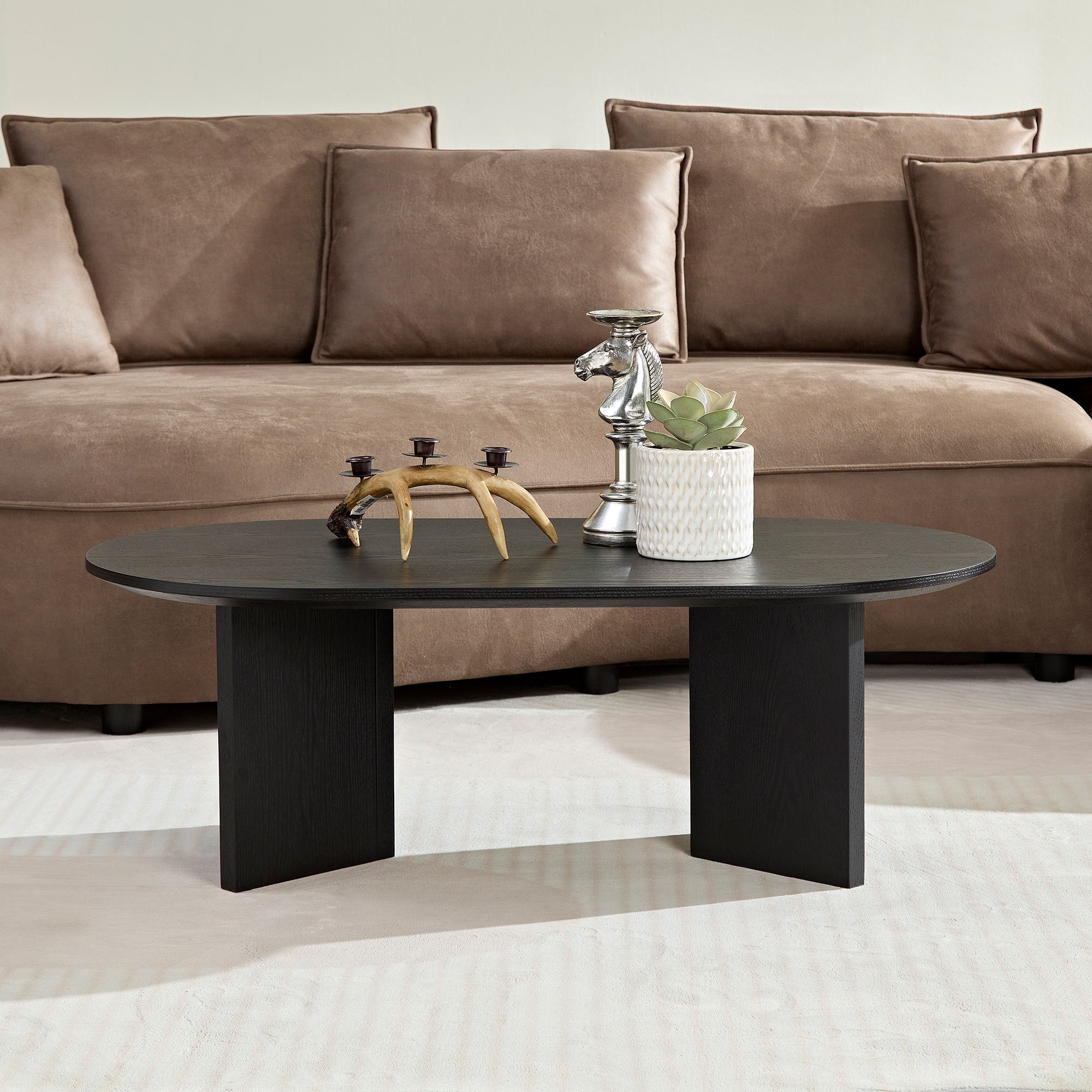 Length 39.37 Inch Modern Coffee Table,MDF Oval Coffee Table for Living Room,Small Coffee Table with Sturdy Pedestal for Apartment,Bedroom,Black